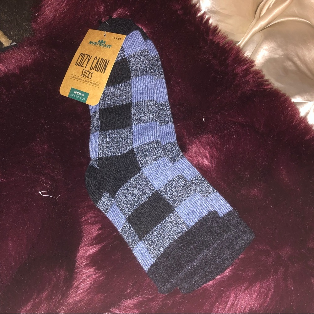 new warm thick Cozy Cabin blue and black plaid thick socks
